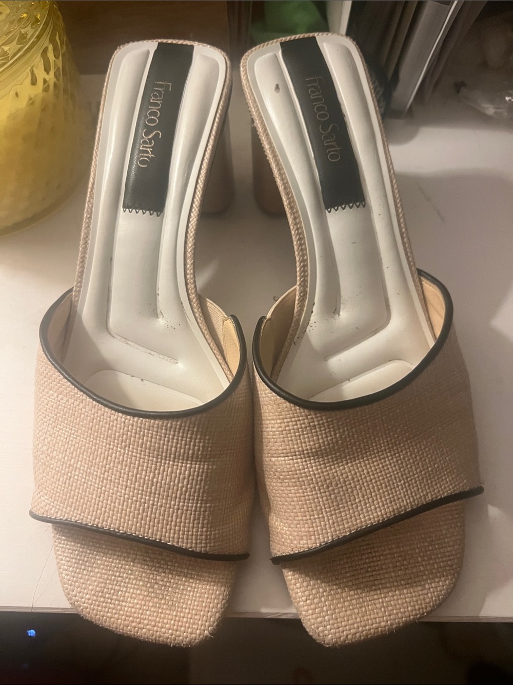 Franco Sarto Beige Raffia Open-Toe Slide Mules with Black Trim